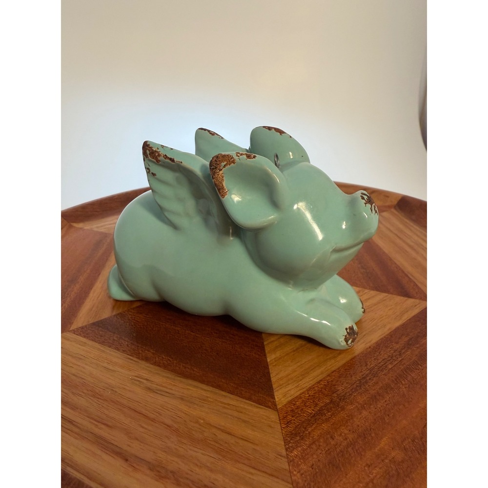 Vintage Style Ceramic Flying Pig Figurine Mint Green Distressed Ornament 5.5"